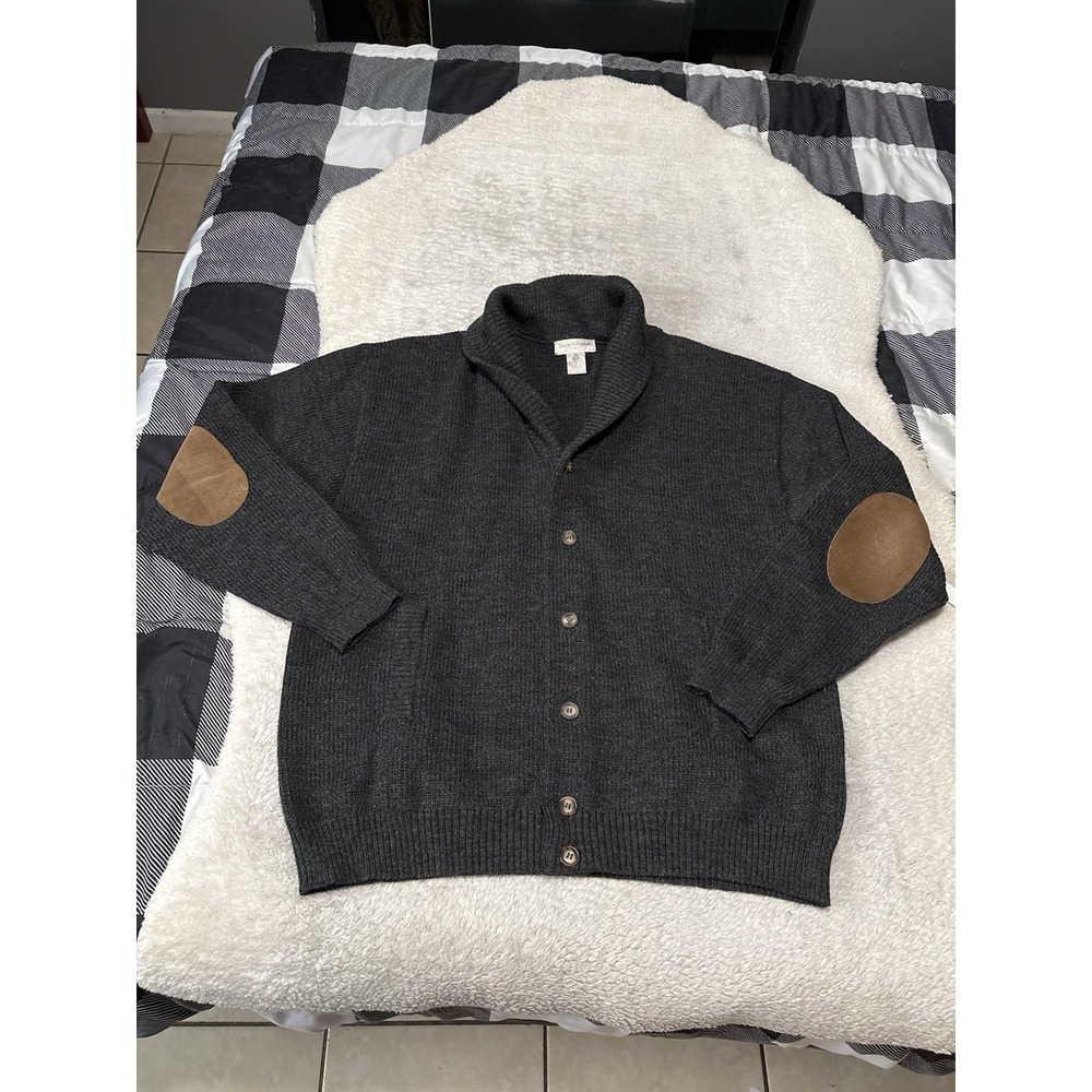 Vintage Tricots St Raphael Men's Gray Wool Shawl Button Cardigan Sweater Elbow P